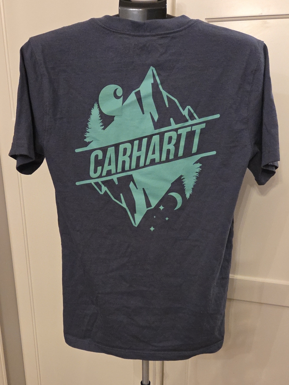 Carhartt Navy Short-Sleeve Tee with Mint Graphic Back Print On Back. Size  Small